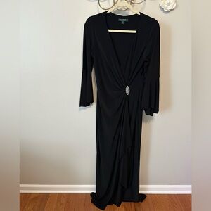 Ralph Lauren Black V-Neck Maxi Dress with Rhinestone Waist Accent